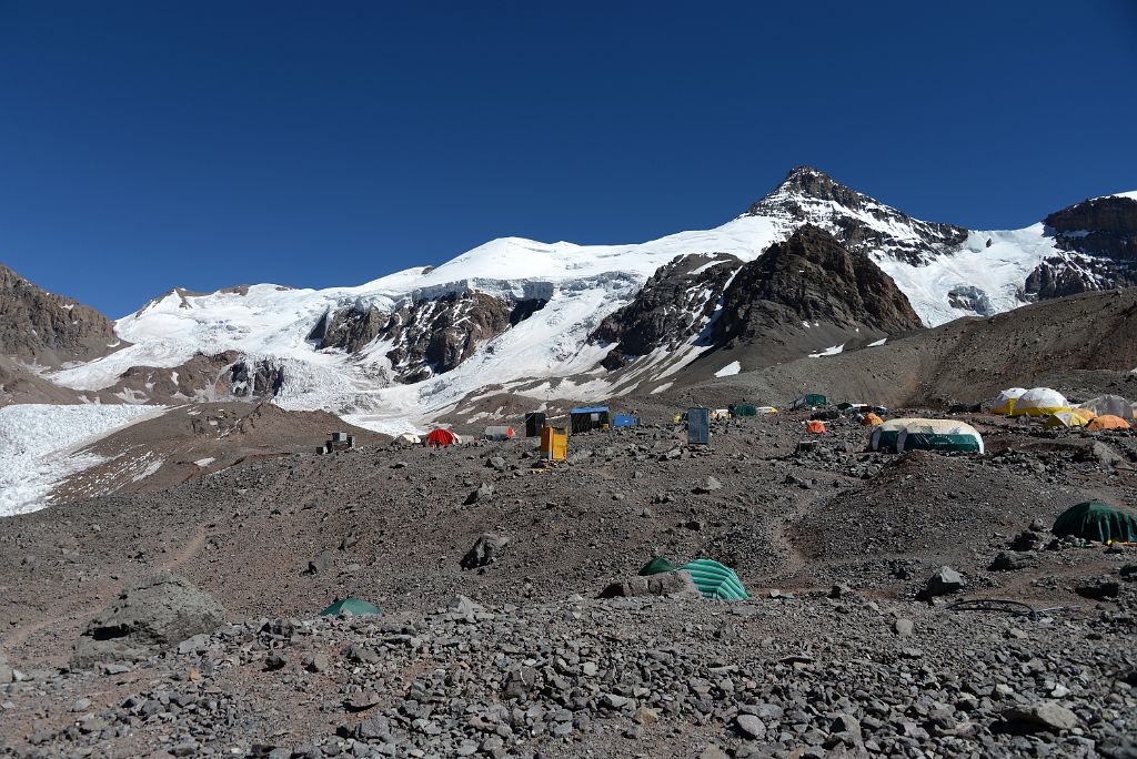 16 Aconcagua Plaza de Mulas Base Camp 4360m Mid-Morning With Horcones Glacier, Cerro de los Horcones, Cerro Cuerno Behind